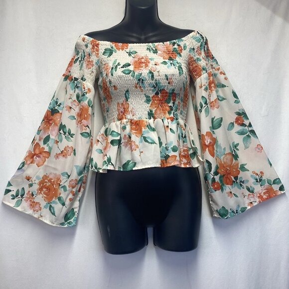 Mimi Chica Floral Off Shoulder Bell Long Sleeve Smocked Top Women Medium Cream - Picture 1 of 12